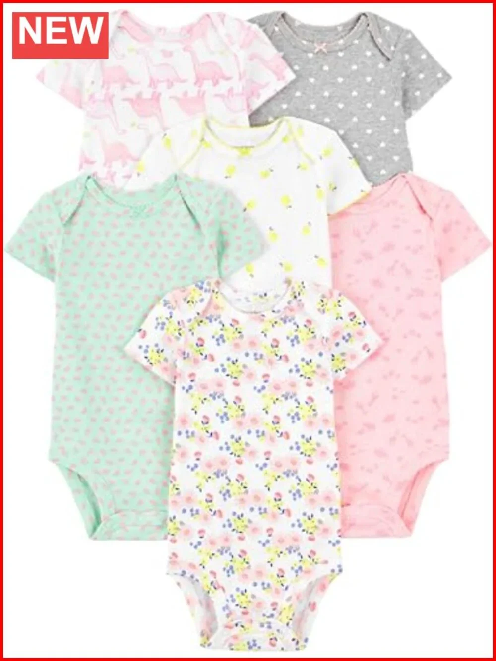 Baby Girls 6 Pack Short Sleeve Bodysuits Snap Closure Tagless
